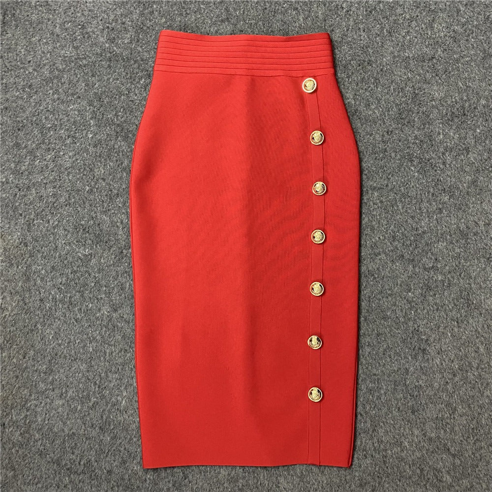 Solid Single Row Button Bandage Skirt