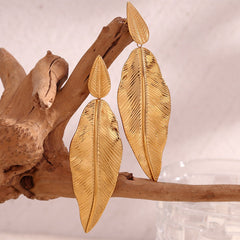 Gold Spliced Feather Leaf Earrings