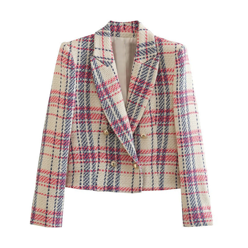 Pink Plaid Cardigan Long Sleeves Blazer