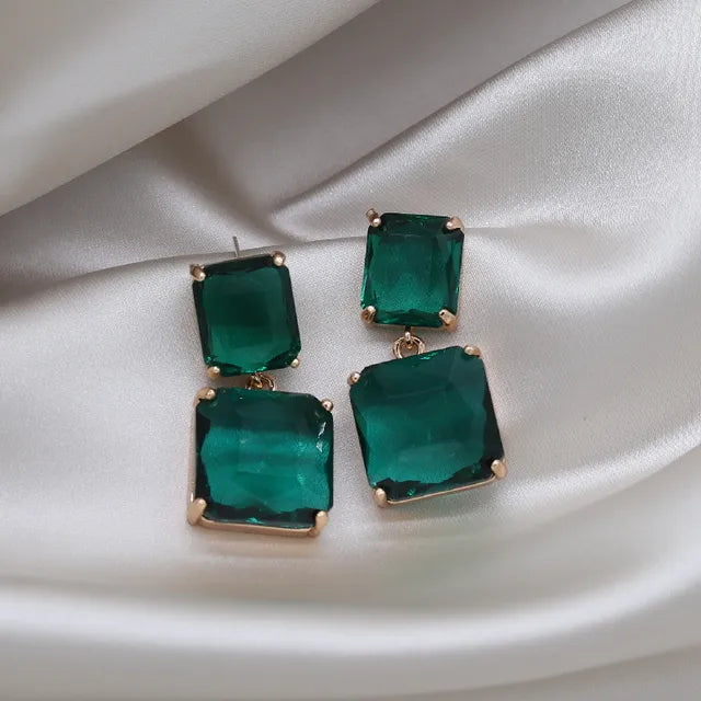 Double Square Crystal Pendant Drop Earrings