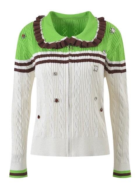 Color Blocking Beaded Knitted Cardigan