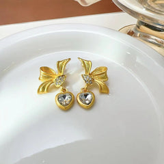 Vintage Bow Heart-Shaped Rhinestone Earrings