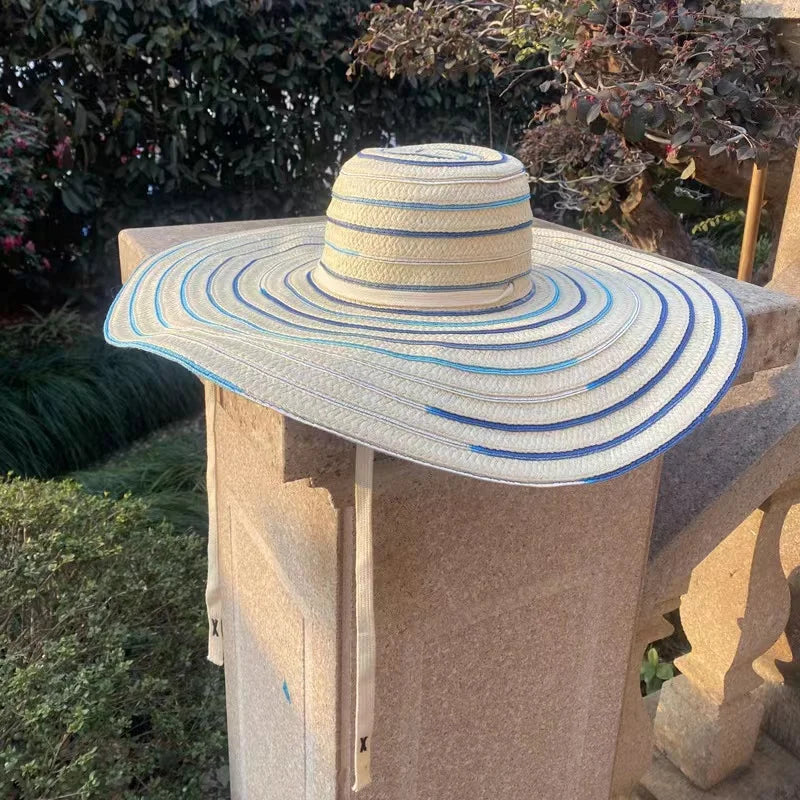 Casual Hand-Woven Ribbon Dome Wide Brim Straw Hat