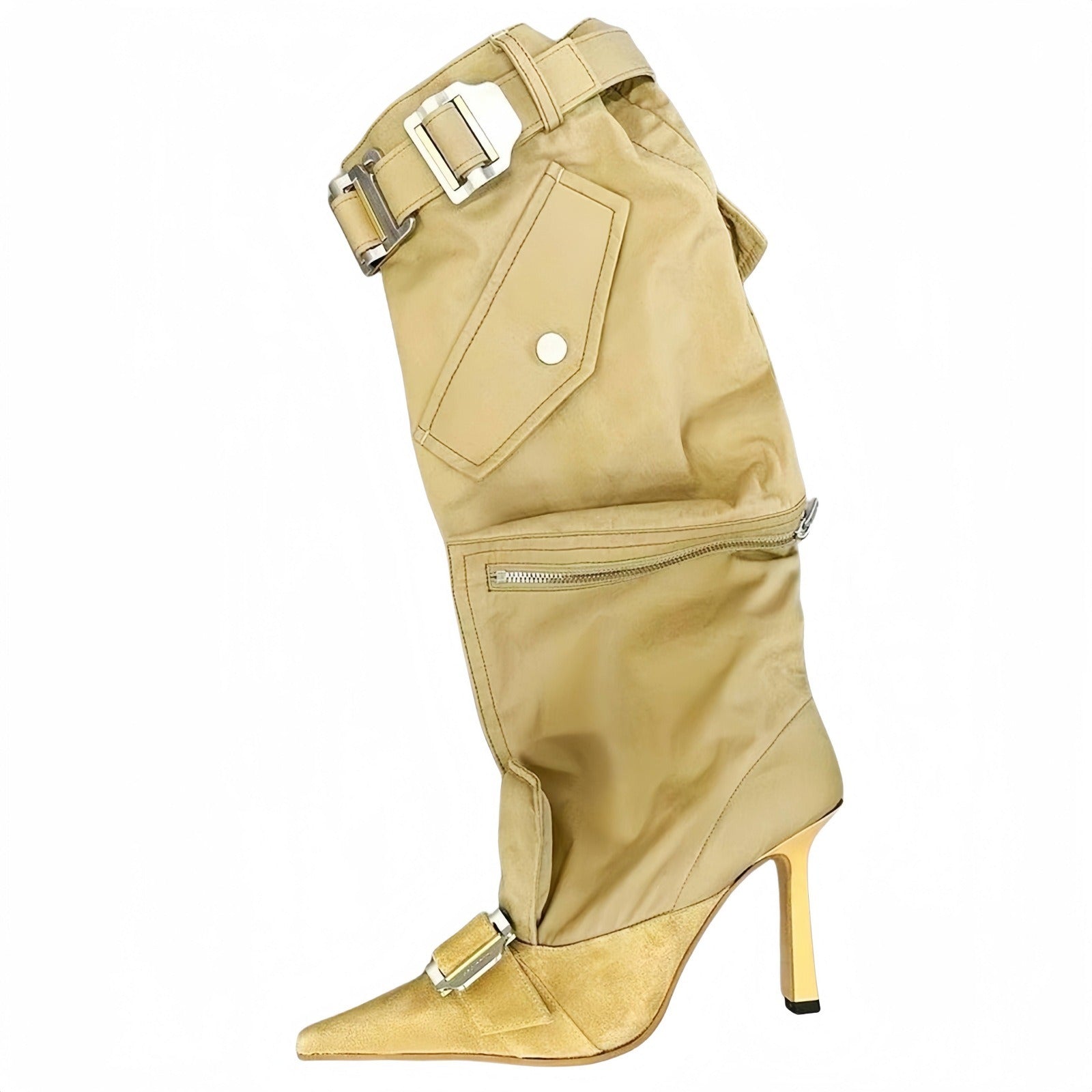 Knee Length Belt Buckle High Heel Boots