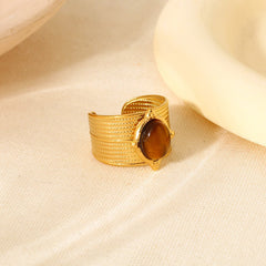 Retro Gold-Plated Tiger Eye Marble C-Shaped Open Ring