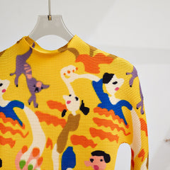 Retro Printed Pleated Slim Top Elastic Waist Set