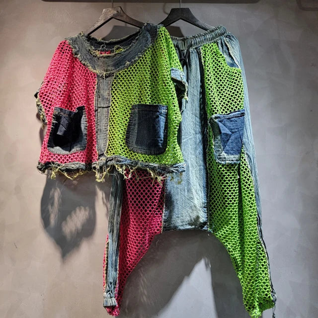 Patchwork Contrast Color Burrs Denim Pockets Top + Elastic Waist Pants