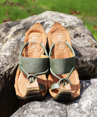 Boutique Splicing Wedge Green Cowhide Leather Slide Sandals