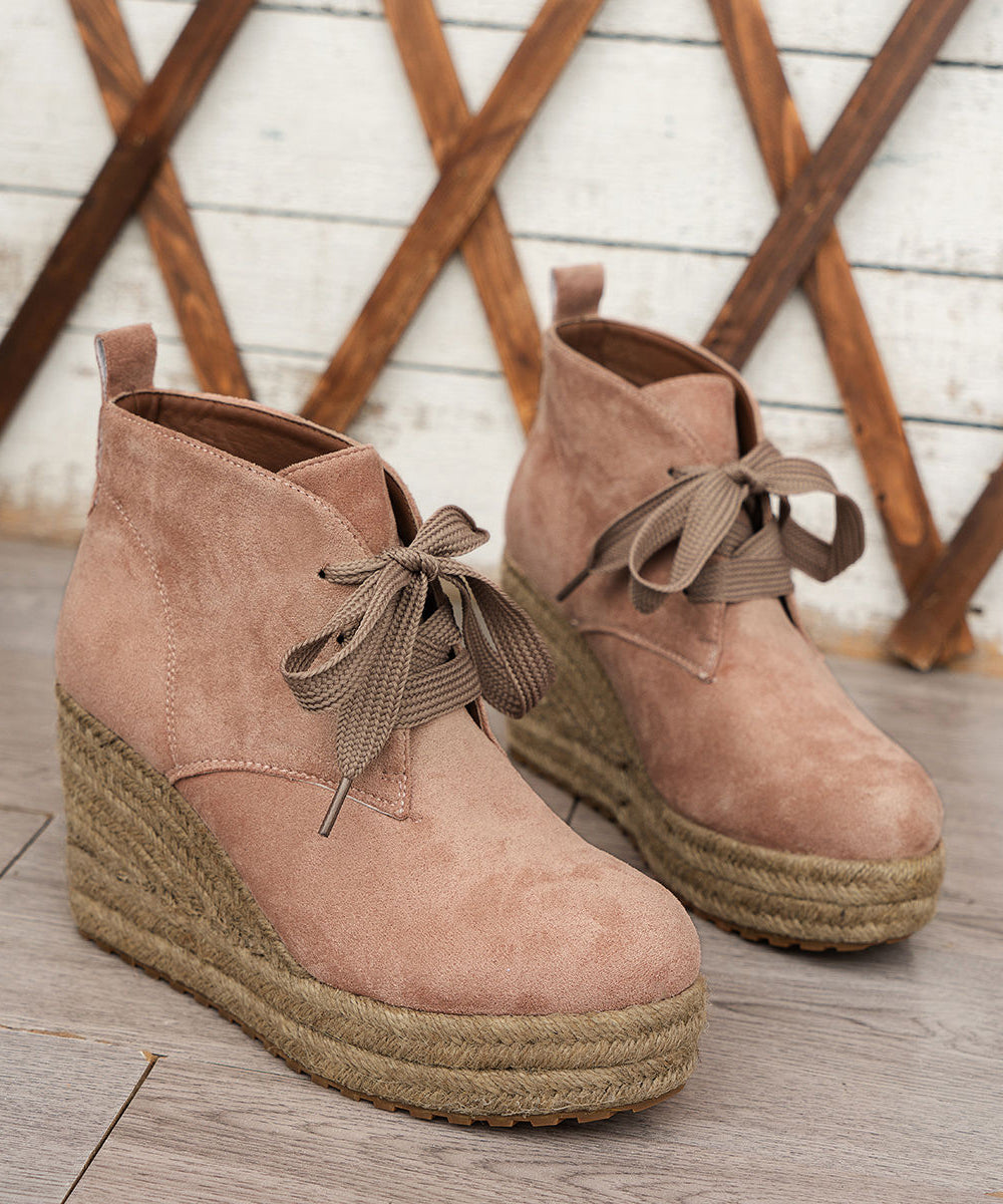 Comfortable Lace Up Wedge Straw Woven Boots Pink Suede