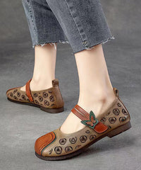 Retro Splicing Buckle Strap Flats Khaki Cowhide Leather Hollow Out