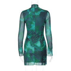 Mesh Casual Printed Hip Wrapped Mini Dress