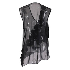 Ruffled Loose V-Neck Mesh Top