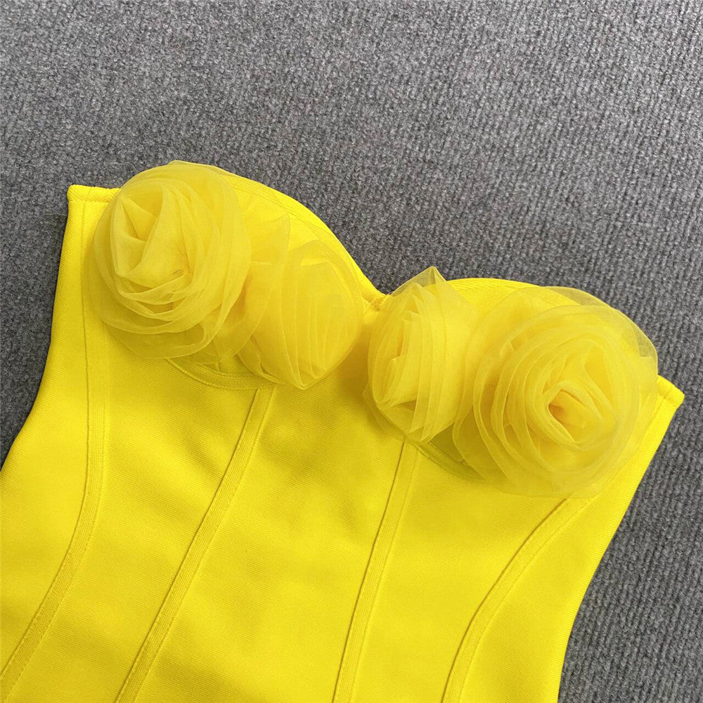 Strapless 3D Mesh Flower Bodycon Dress