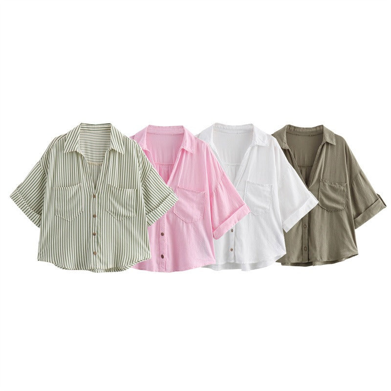 Linen Blend Pocket Casual Short Shirt