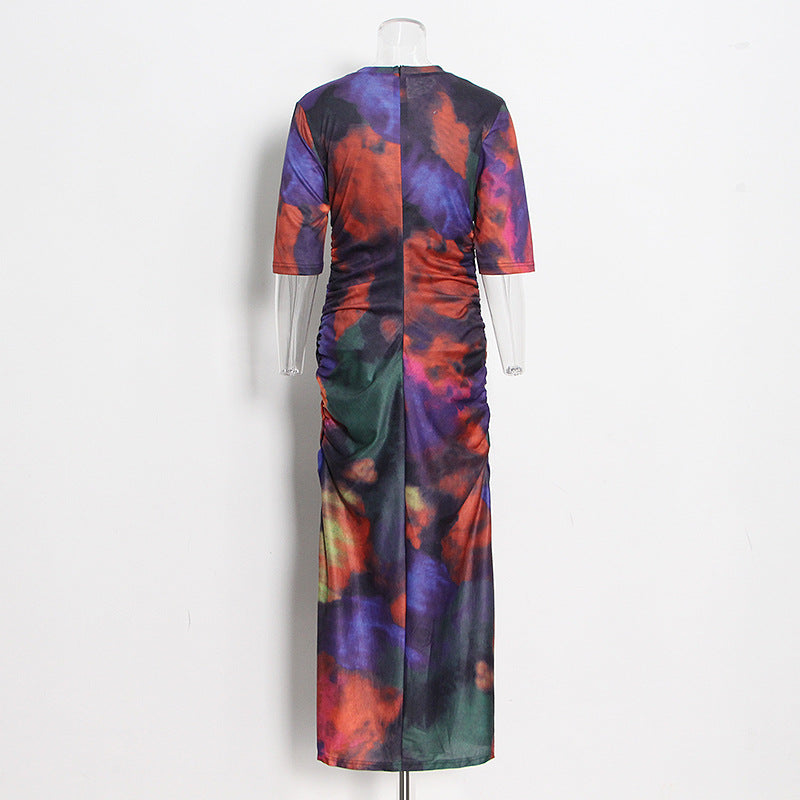 Tie Dye Round Neck Short Sleeved Hip Hugging Dress