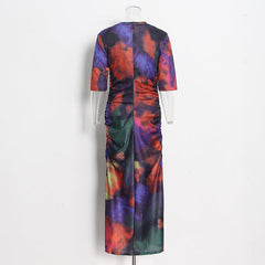 Tie Dye Round Neck Short Sleeved Hip Hugging Dress