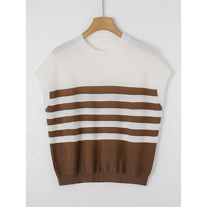 Striped Knitted Round Neck Short Sleeve Loose Top