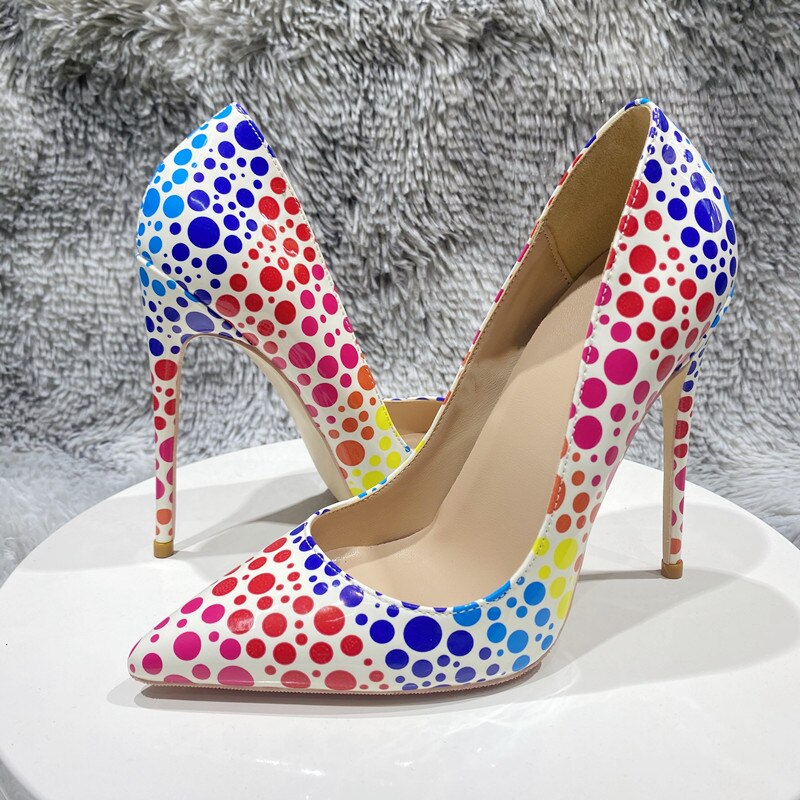 Multicolor Polka-Dots Printed Patent Pointed-Toe Shoes