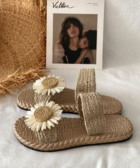 Handmade Grass Woven Flower Beach Slippers Summer New