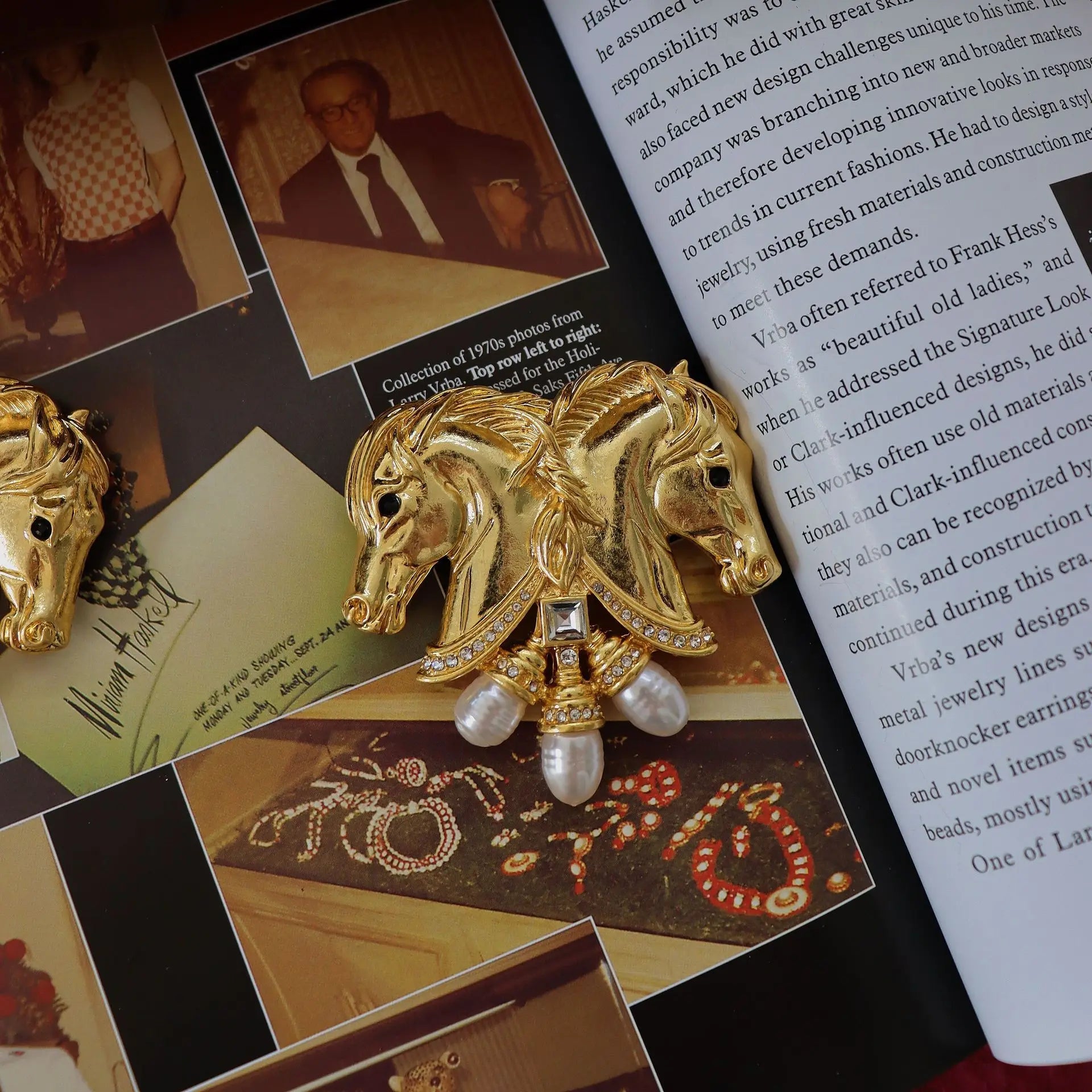 Double Stallion Faux Pearls Brooch