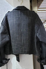 Plaid Spliced Vegan Leather Jacket