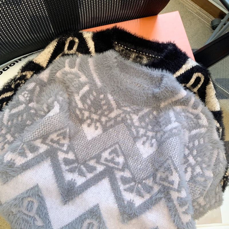 Vintage Jacquard Faux Mink Loose Knit Sweater