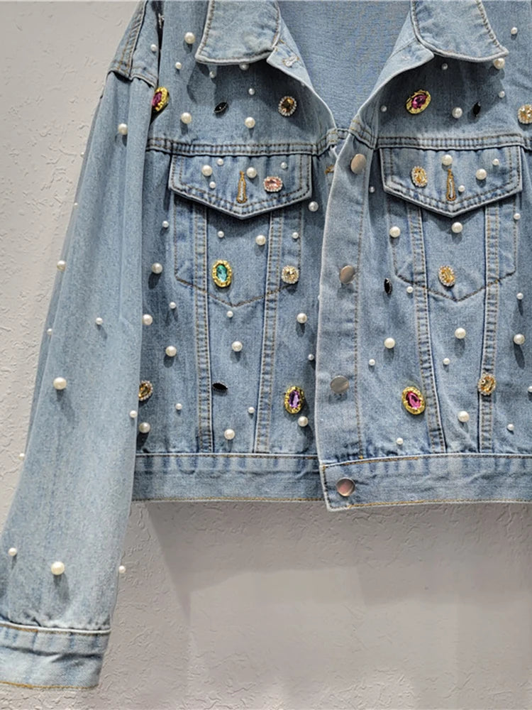 Colorful Crystal Single Breasted Pearl Denim Jacket