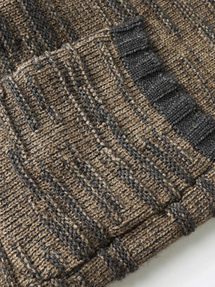 Brown Knitted Patchwork Denim Cardigan Sweater