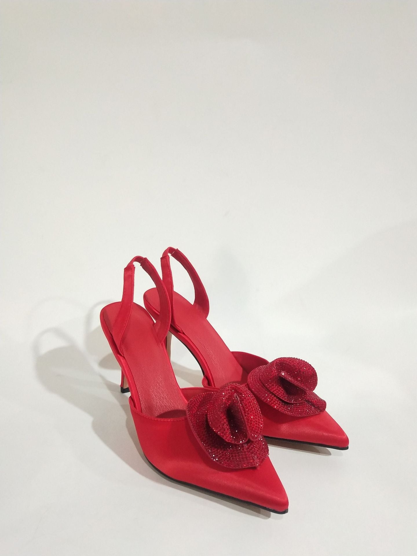 Pointed Toe Stiletto Rose Rhinestone Satin Sandals