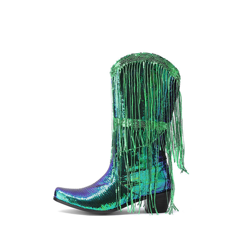 Curved Toe Sequin Tassel Mid-Calf Cowboy Boots