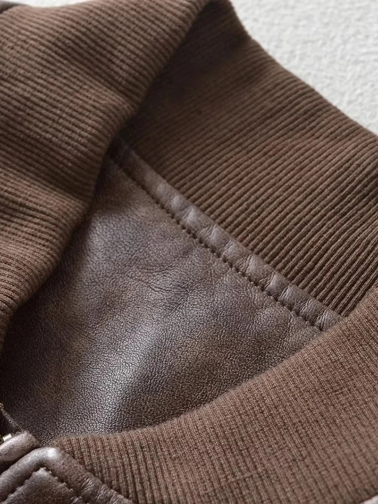 PU Leather Zip Up Bomber Jacket