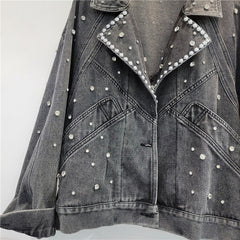 Nail Bead Studded Diamond Retro Motorcycle Denim Jacket