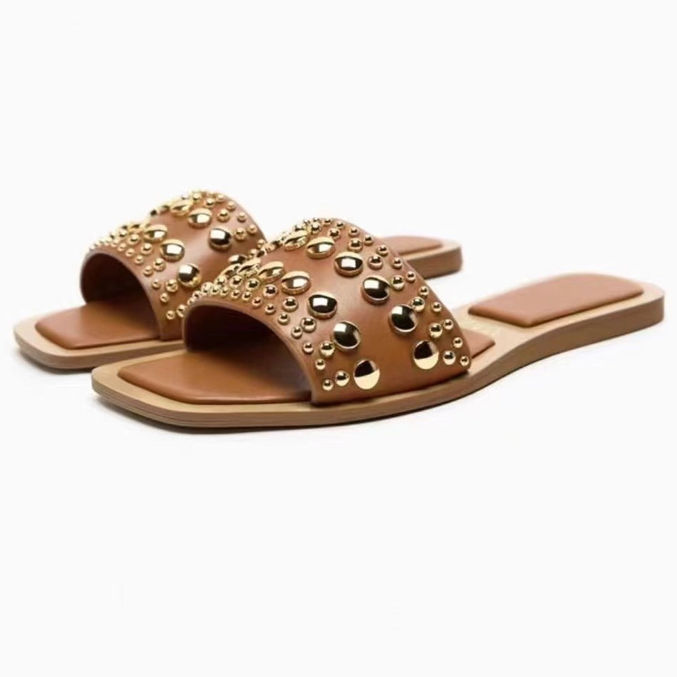 Rivet Strappy Square Toe Flat Sandals