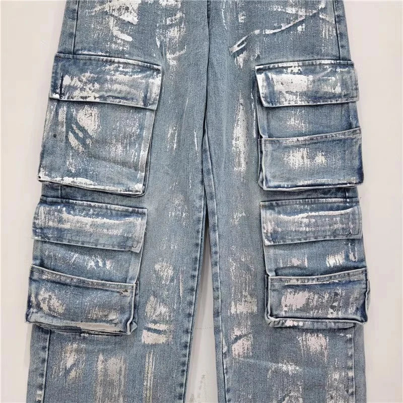 High Waist Straight Wide Leg Multiple Pockets Denim Pants