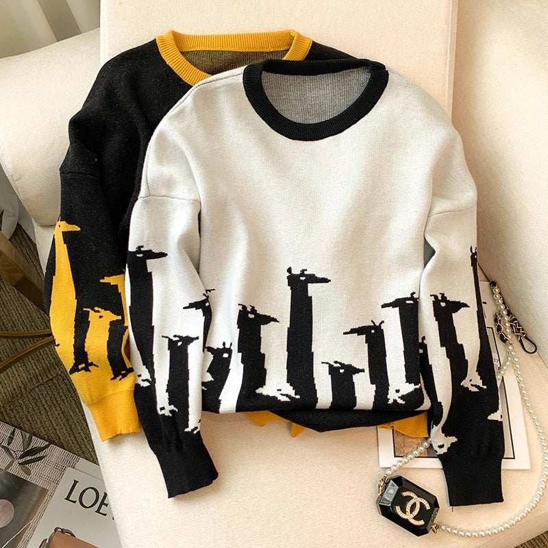 Giraffes Contrast Knitted Sweater