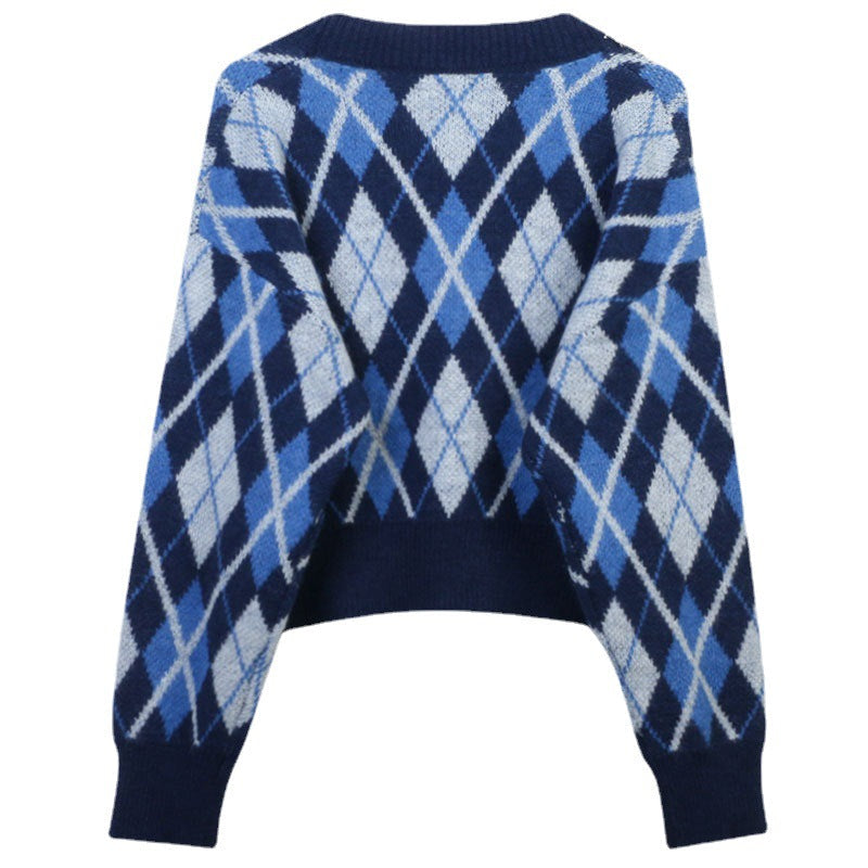 Rhombus Jacquard Diamond Stitching V-neck Knitted Cardigan