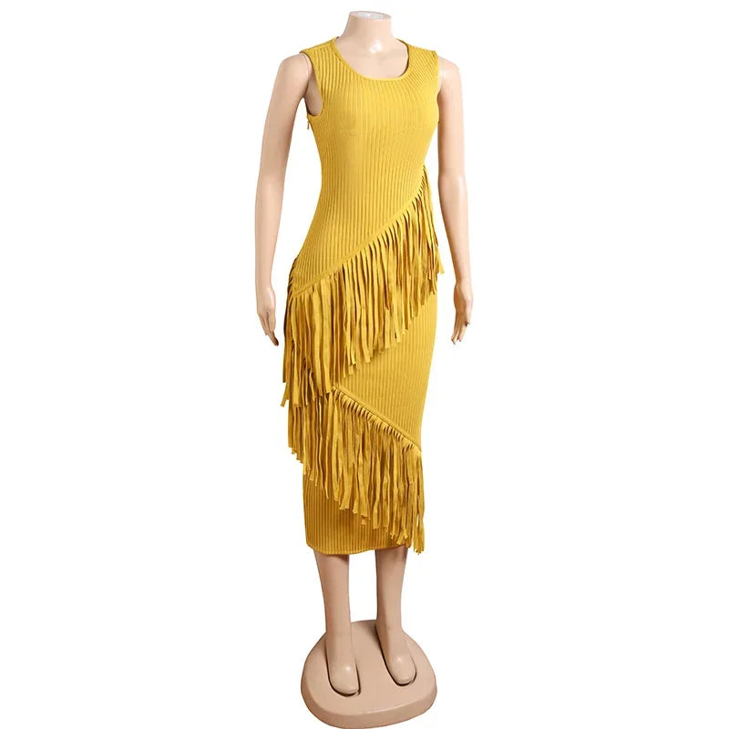 Yellow Tassel Hip Wrap Bandage Dress