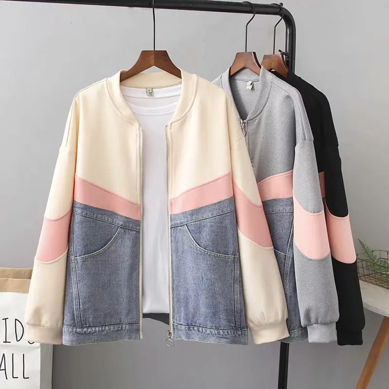 Denim Spliced Cotton Zip-Up Jacket