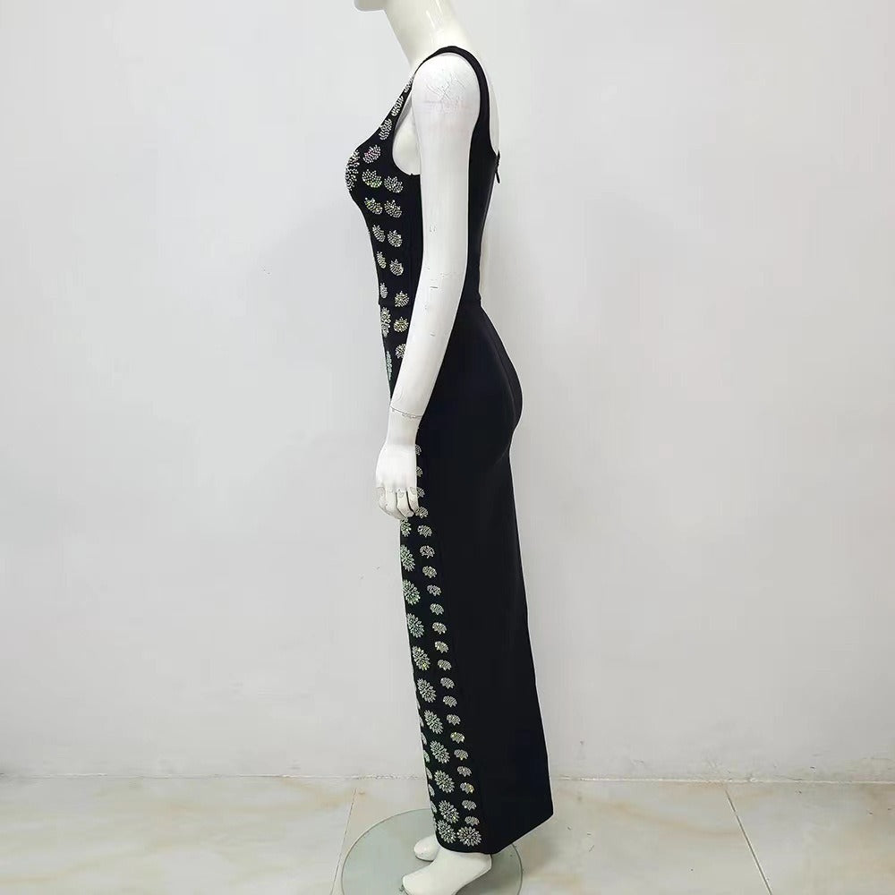 Diamond Embellishment Hip Wrapped Bandage Maxi Dress