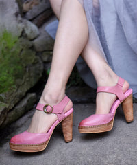 Comfy Splicing Chunky Heel Sandals Pink Cowhide Leather