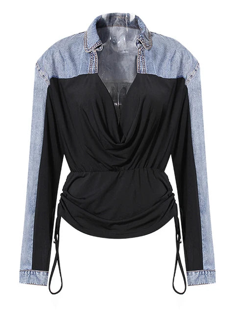 Denim Drawstring Pleated V-Neck Long Sleeve Shirt