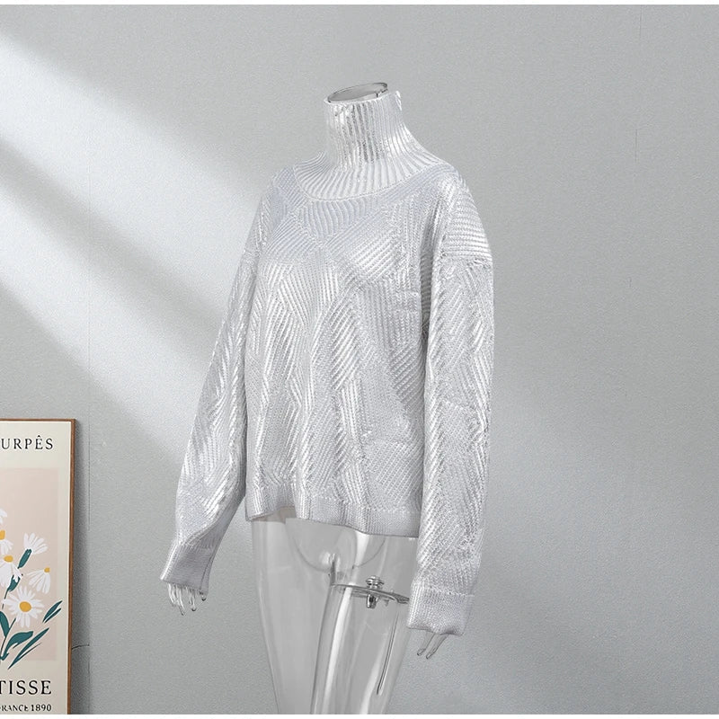 Metallic Turtleneck Knitted Sweater