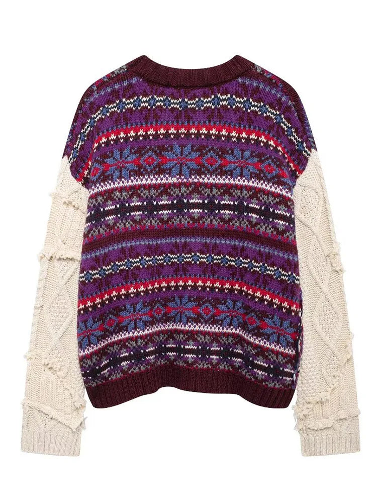 Casual Round Neck Contrasting Knitted Jacquard Sweater