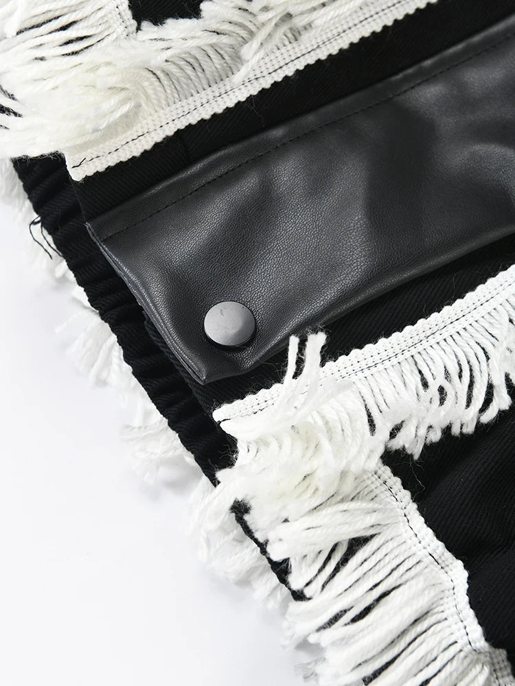 Tassel Spliced Black Leather Jacket