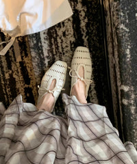 French Beige Sheepskin Bow Splicing Hollow Out Sandals