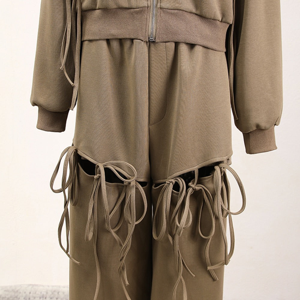 Solid Hollow Strap Hoodie + Hollow Wide Leg Pants