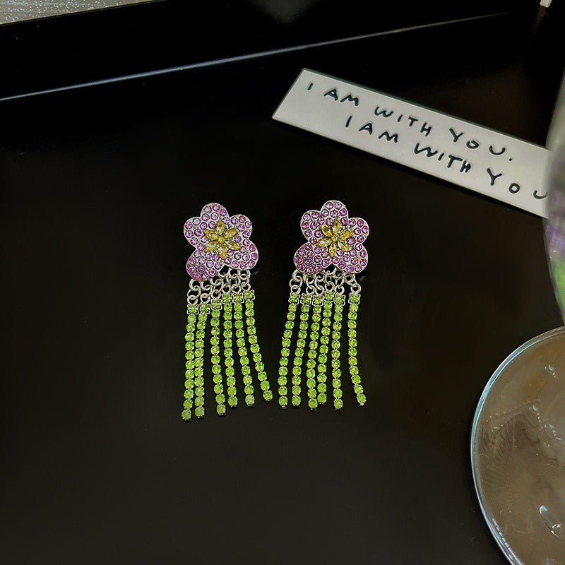 Retro Flower Tassel Diamond Earrings