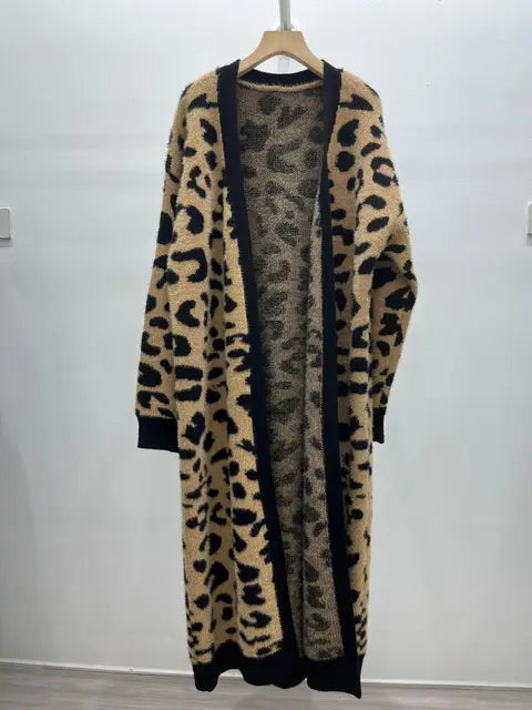 Animal Print Thick Long Loose Knit Cardigan