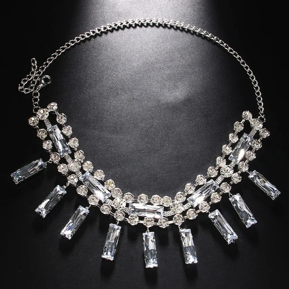 Rhinestone Square MultiLayer Pendant Choker Necklace