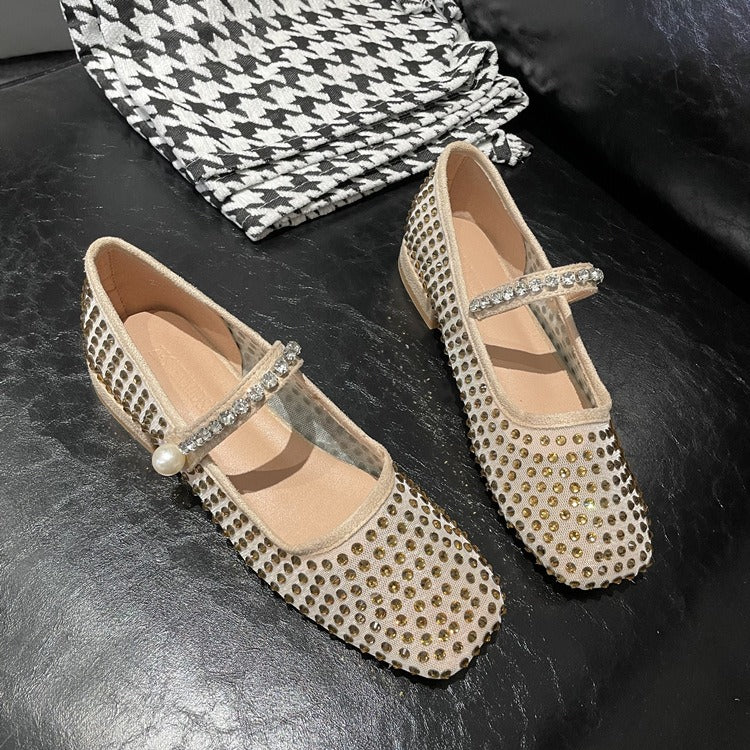 Mesh Rhinestones Square Toes Shoes